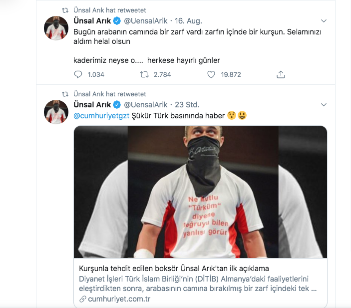 Boxer Ünsal Arık mit Munition bedroht